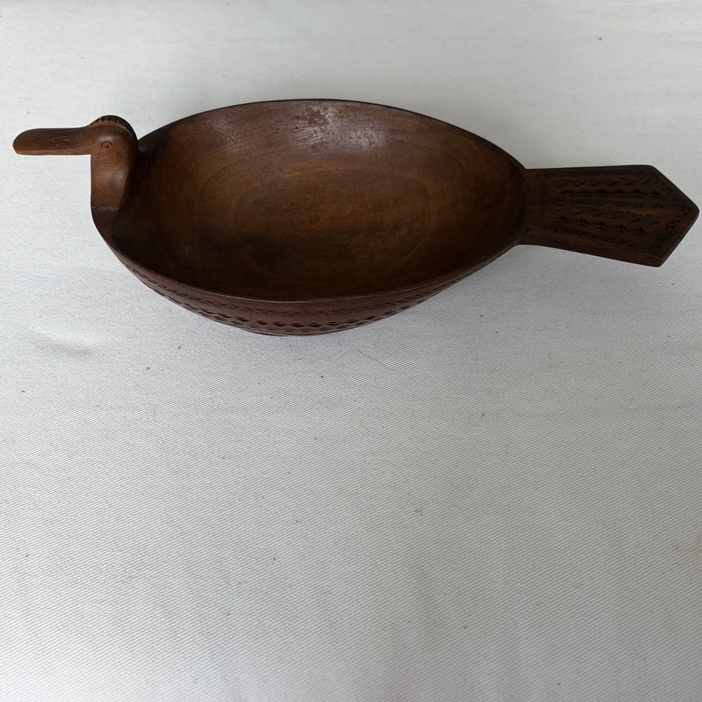 Hand-Carved Wooden Duck Bowl in Brown
